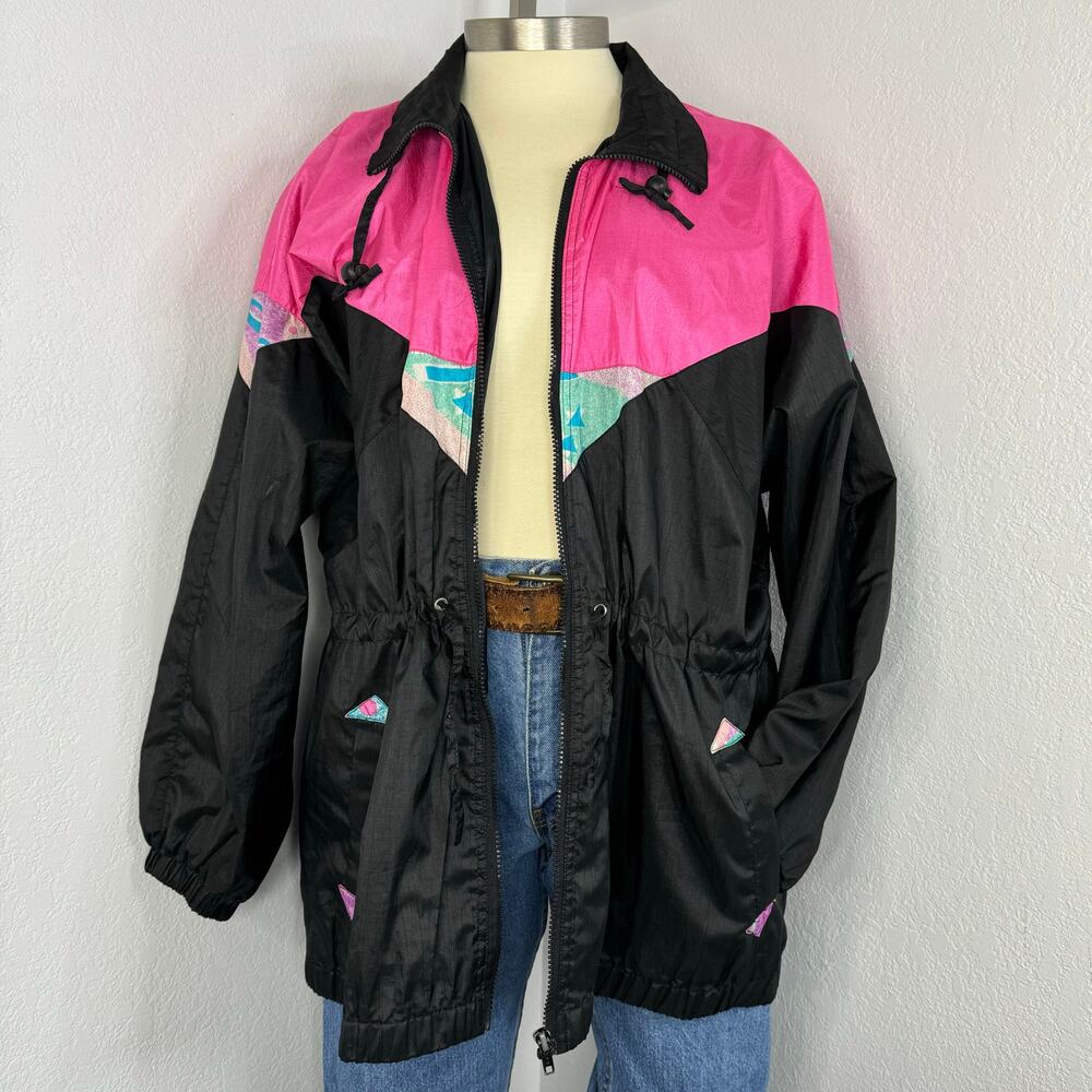 Vintage 80s 90s Zip Windbreaker Bomber Jacket Black Neon Pink Oversized